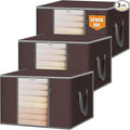 BALEINE 3 Pack Clothes Storage Bags, 24 Gallon Storage Containers with Reinforced Handle, Sturdy Zipper, Closet Organizer for Blanket, Comforter, Pillow, Bedding (Brown, 3 Pack)