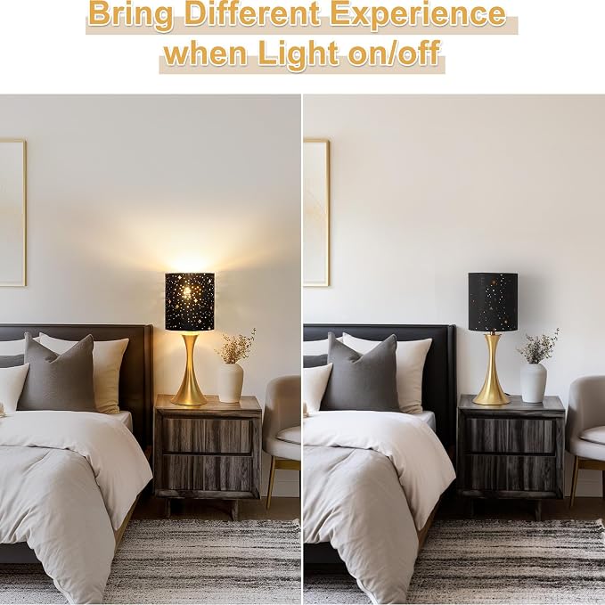 Touch Lamp for Bedroom, 3 Way Dimmable Gold Table Lamp with Black Starry Shade, Decorative Nightstand Lamp Ambient Beside Light for Living Room, Guest Room, Office 3000K LED Bulb Included