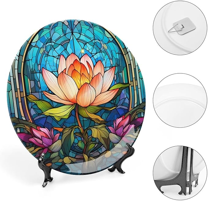 Decorative Plates for Wall Hanging, Water Lily Blue Stained Glass Print Ceramic Plate w/Display Stand, Home Decor for Kitchen Cabinets, Farmhouse Round Tray 10 Inch, Gift for Lotus Lover