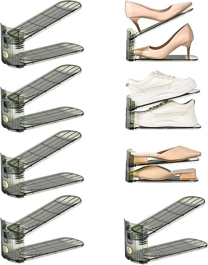 Shoe Slots Organizer, Clear Shoe Stacker, Adjustable Level Shoe Rack,Storage Space Saver for Sneakers Display (Green Transparent, 8Pack)