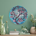 Stained Glass Theme Decorative Ceramic Plate Round Porcelain Plate,10 inch,Cherry Tree Pattern,for Decorative Ornaments Giving Plates, 1 Plate with 1 Display Stand,Blue Pink