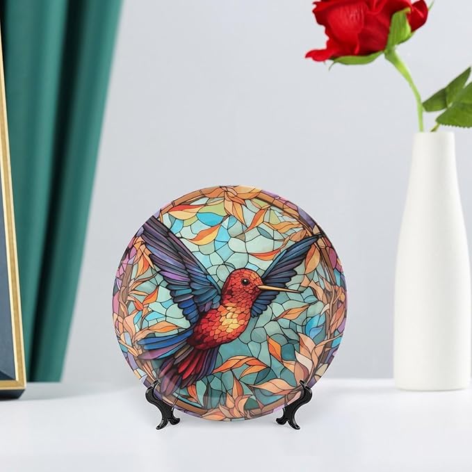 Decorative Plates, Colorful Stained Glass Design Hummingbird Display Plate for Home Office Kitchen Table Decor Porcelain Plates 6 Inch, Gifts for Hummingbird Lovers