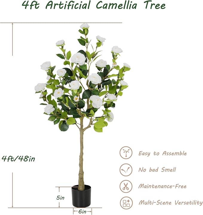 Bellacat 4ft Artificial Camellia Tree with Silk White Flowers, 48in Faux Camellia Plant with Lifelike Trunk, Fake Flower Tree Potted Front Door Plants for Porch Patio Deck Living Room Decor, 2Pack
