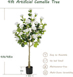Bellacat 4ft Artificial Camellia Tree with Silk White Flowers, 48in Faux Camellia Plant with Lifelike Trunk, Fake Flower Tree Potted Front Door Plants for Porch Patio Deck Living Room Decor, 2Pack