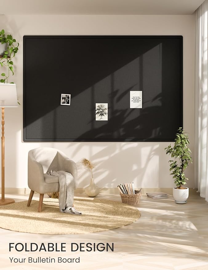 Fluxynara Large Bulletin Board, 70.8" x 47.2" Cork Board Alternative with 48 Safe Removable Adhesive Tabs, Foldable Felt Pin Board for Home Office, Classroom, Bedroom,Entryway for Walls—Black