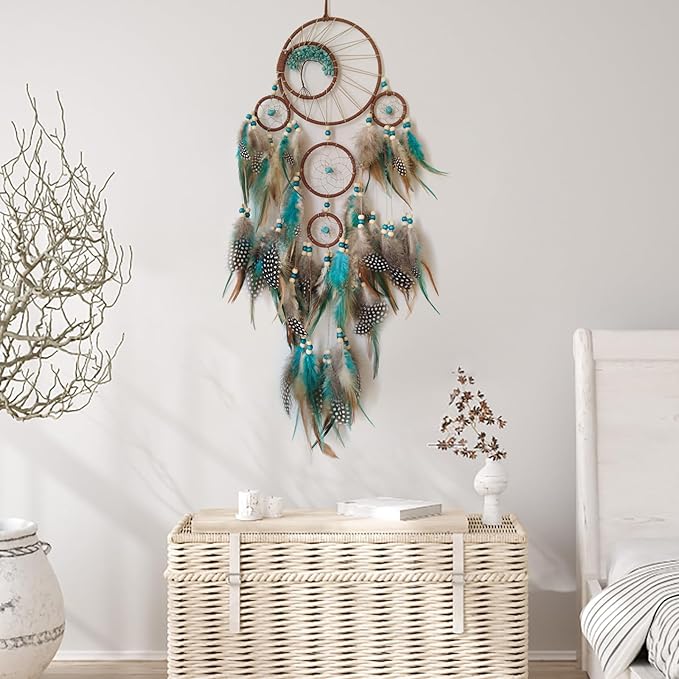 Blue and Brown Large Dream Catcher Wall Decor Crystal Tree of Life Dream Catchers Handmade Feather Dreamcatcher Wall Hanging Ornament for Bedroom Living Room Home Decor