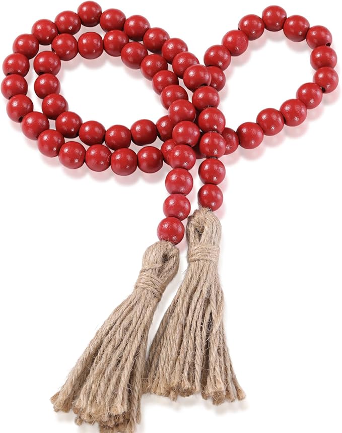 Equsion Seasonal Wooden Bead Garland with Tassels, 3.3 ft Holiday Vintage Boho Bead Garland Easter Tray Decoration, Vase Wall Room Art Birthday Party Decoration(Deep Red)