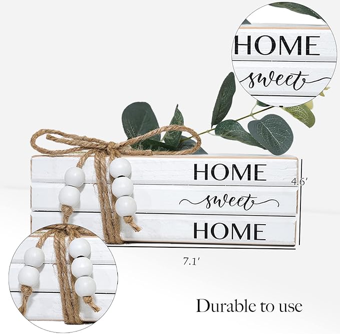 3 Pieces Wooden Decorative White Books, Rustic Farmhouse Faux Books for Coffee Table Shelves with Wood Bead Tassels and Leaves, 7'x 4.6'x 2.5' (Home, Sweet, Home)