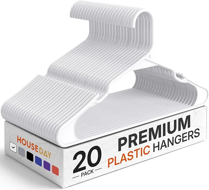 HOUSE DAY Plastic Hangers 20 Pack - White Clothes Hangers with Non-Slip Shoulder Grooves, Durable and Sturdy T-Shirt, Dress, Coat Hanger, Space Saving Design Perfect for Closet Organizers and Storage