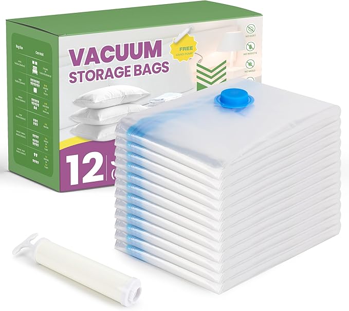 Space Bags Vacuum Storage Bags (Jumbo 12 Pack) Save 80% Space - Vacuum Bags for Comforters and Blankets, Bedding, Compression Seal for Closet Storage - Pump for Travel