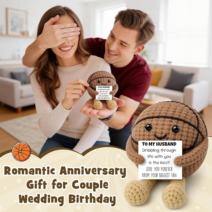 Anniversary Romantic Gifts for Husband Boyfriend, Handcrafted Crochet Basketball Keepsake, Sports Man Cave Desk Decor Room Accessories, Unique Funny Birthday Present for Him Men from Wife
