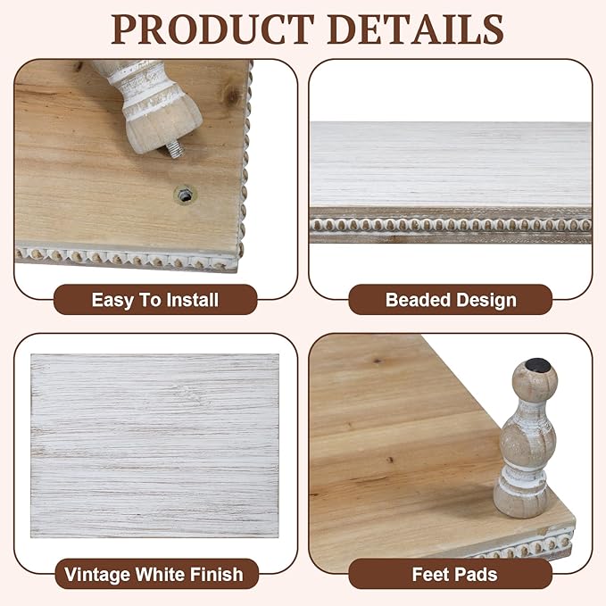 MAONAME Wood Display Risers Decorative Tray Set of 3, Farmhouse Pedestal Stand for Display Home Decor, Vintage White Beaded Wooden Tray for Kitchen Counter, Short and Tall Footed