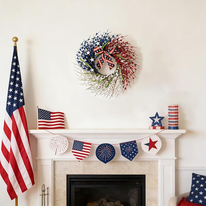 22 Inch Large Patriotic Wreath with Flag Bow, Red White Blue Forsythia Flowers & White Stars, Memorial Day 4th of July Front Door Decor