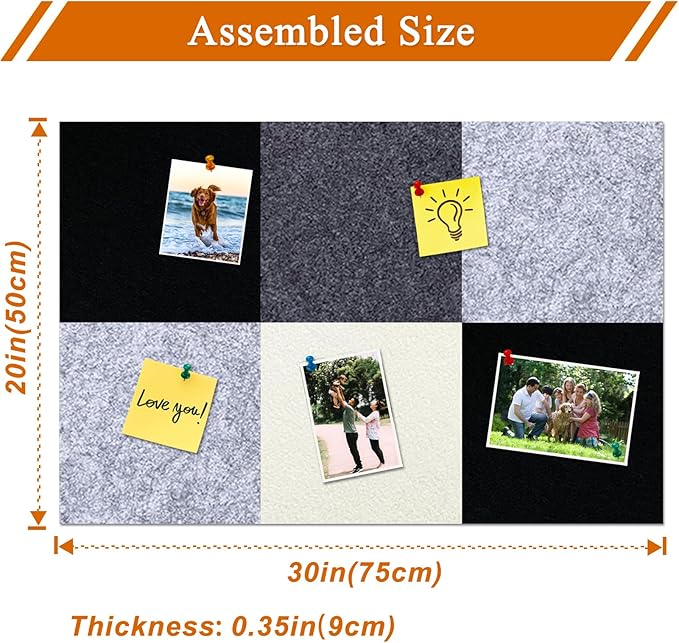 Square Felt Cork Bulletin Board Tiles, Self Adhesive DIY Felt Pin Board for Wall 30" x 20" with 35 Pushpins for Office School Home Wall Decor Stickers Memos Photos Display (Gradual Grey)