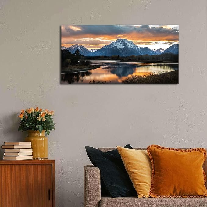Sunset Mountain Wall Art for Living Room Nature Grand Teton Landscape Canvas Wall Decor National Park Wall Art Oxbow Bend Snake River Scenery Wyoming Painting Artwork Office Home Decoration 20x40"