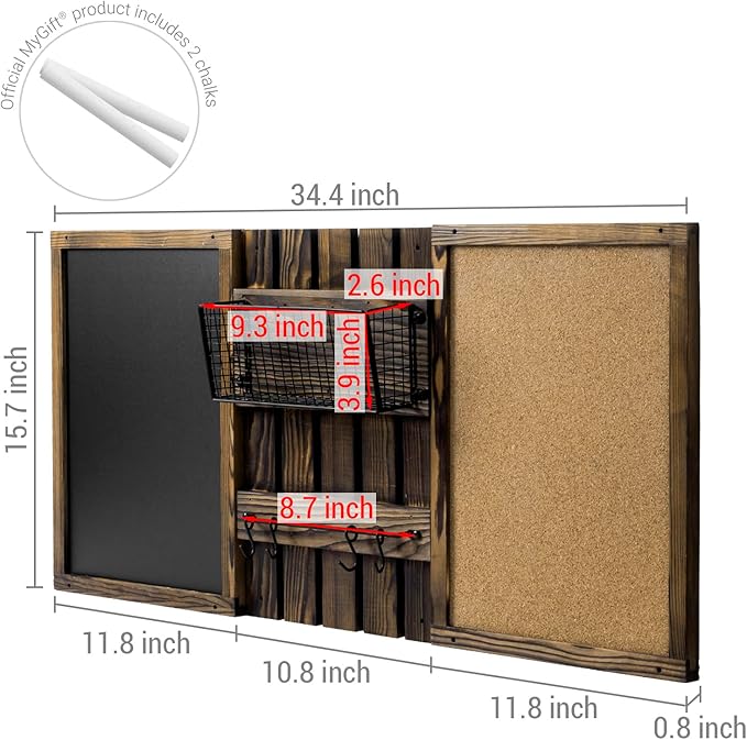 MyGift 3 Panel Wall Mounted Entryway Bulletin Board Combo Set with Rustic Burnt Solid Wood Frame with a Chalkboard, Cork Board, Black Metal Mail Basket, and Hanging Rail