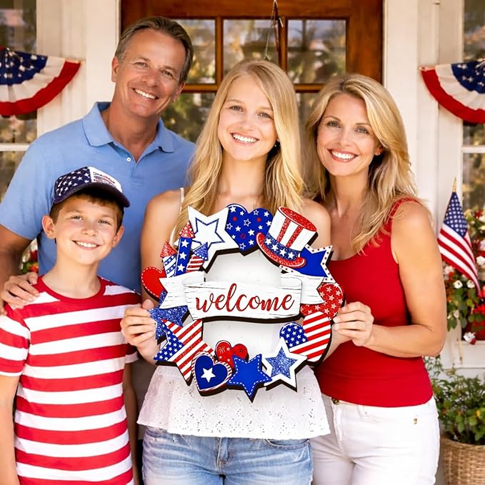 Wooden 4th of July Decorations Patriotic Wreath Independence Day Decorations Front Door with Star Sign Welcome Memorial Day Hanging for Home Wall Decor Outdoor Indoor Red White and Blue Wreath