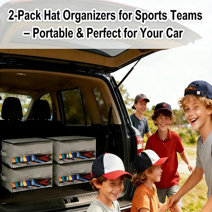 2 PCS Stackable Hat Storage for Baseball Caps, Space Saving Hat Organizer Box for Closet, with Cardboard, Clear Window Lid and 3 Handle, Each Holds 12 Hats, Grey