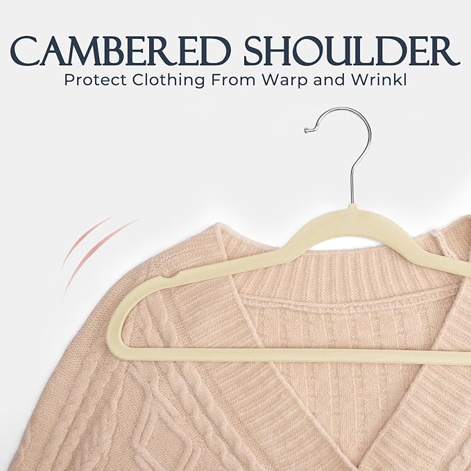 HOUSE DAY Beige Velvet Hangers 60 Pack, Non Slip Clothes Felt Hanger Heavy Duty for Coat, Premium Slim Space Saving Suit Hangers for Closet Organizer, 360° Rotating Silver Hook