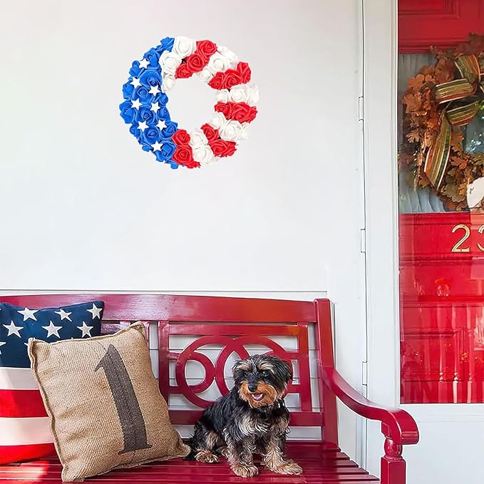 Patriotic Wreath for Front Door Red White Blue Wreath 4th of July Wreaths for Door Wall Memorial Day Decor Independence Day Hanging Decoration for Outside Home Farmhouse Holiday (Flower)