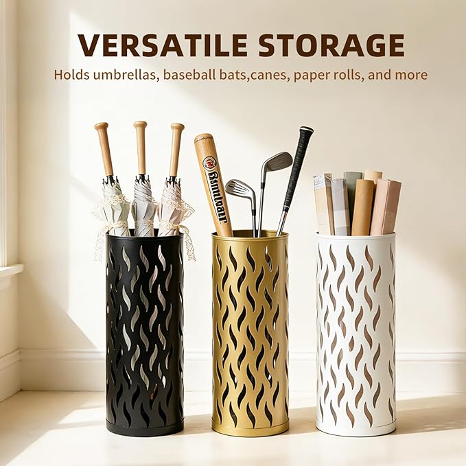 Umbrella Holder, Metal Umbrella Stand for Entryway, Umbrella Storage Rack with 4 Hooks Decor, Home, Office,5.8 × 5.8 × 16.4 (Gold)