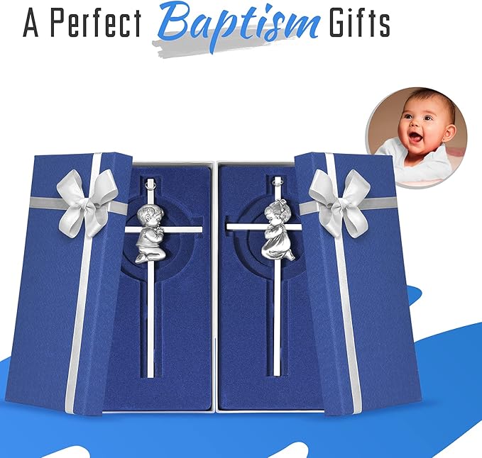 2 PCs Silver Baby Wall Cross Baptism Gifts for Boy and Girl Christening First Communion Dedication Gift for Baby Girls Goddaughter Religious Baptismal Children Crosses Gifts from Grandparents, 7in