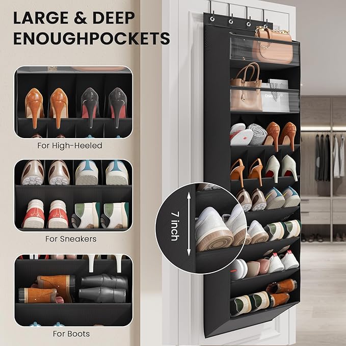 16-20 Pairs Over the Door Shoe Organizer, Clear Pockets Shoe Rack for Closet Door, Hanging Shoe Rack for Boots, Behind the Door Shoe Holder Fit All the Family's Sneakers, Boots, Heels, Black
