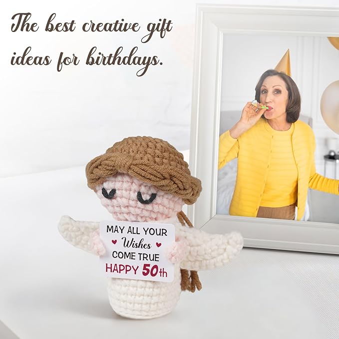 50th Birthday Gifts for Women Men, 1976 50th Birthday Decorations, Funny 50 Years Old Gifts for Family Friends Colleagues - Handmade Positive Angel Crochet Doll