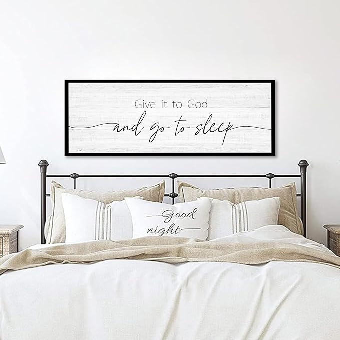 Give It to God and Go to Sleep Sign Framed Large 41''×15'' Above Bed Wall Decor for Bedroom Farmhouse Wall Decor Guest Room Decor Rustic Master Bedroom Wall Decoration Wood Wall Art (black frame)