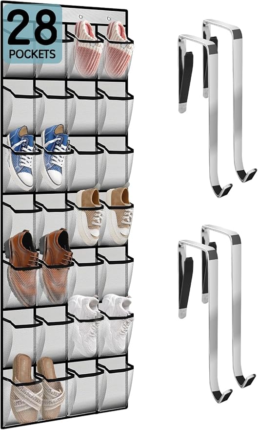 28 Compartment Over the Door Shoe Organizer, Breathable Mesh Large Shoe Rack for Closet Storage, Space Saving Hanging Shoe Holder with Reinforced Hooks (Fits Men & Women,White-01)