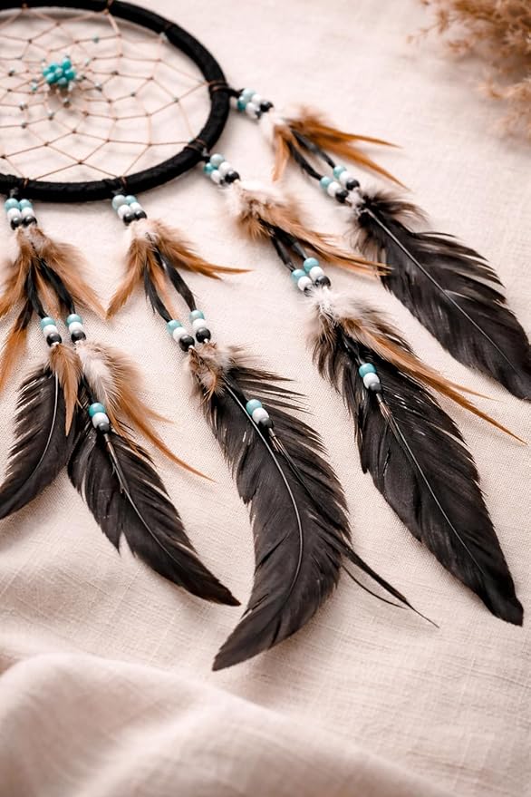 OMA Black Dream Catcher – Large Black Suede Dream Catcher with Turquoise Stones and Feathers, Traditional Dreamcatcher for Bedroom, Living Room, Dorms & Gift, Size - 28” x 9”