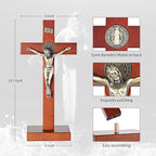 ARCHOBAN Wooden Crucifix Wall Cross Catholic with Stand, 10.7 Inch Jesus Christ Standing Cross for Wall and Table - Brown + Antique Brass