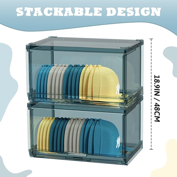 2 Pack Large Hat Organizer Box, Stackable Clear Baseball Caps Holder Box Containers with Sliding Door for Hats Snapback Cap Storag, Hat Rack Display Case, Holds 20 Hats Each -Blue