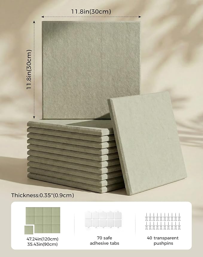 Aothia Felt Bulletin Board Tiles for Wall, 12 Pack Large 48" x 36", Felt Wall Tiles Cork Board Alternative, Adhesive Bulletin Board Tiles for Office, Classroom & Home, Sage Green