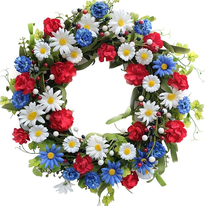 20inch Patriotic American Wreaths for Front Door,4th of July Independence Day Wreath Red White Blue Wreath for Window Door Decoration