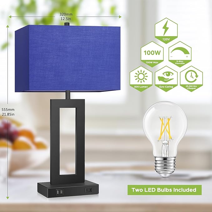 Set of 2 Touch Control Table Lamps with 2 USB Ports&AC Outlet, 3-Way Dimmable Modern Nightstand Lamp Sets, Bedside Desk Lamps for Bedroom Living Room End Tables Reading, Bulbs Included, Blue Shade