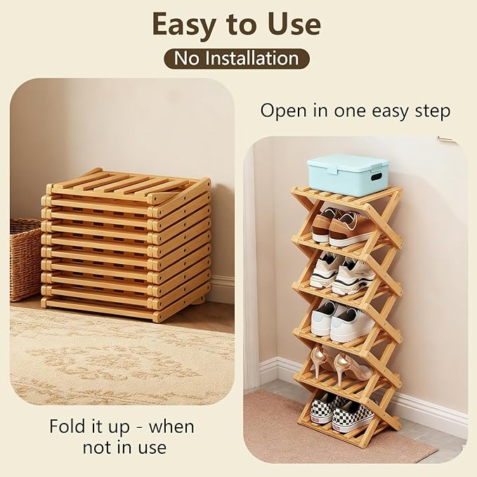 Simcat Bamboo Shoe Rack, Portable Folding Shoe Storage Rack,No Installation Free Standing Shoe Rack for Entryway, Closet, Dorm/Small Spaces (6 Tier)