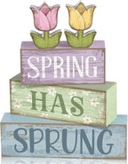 Moucuny 4 Pcs Spring Table Decorations Wooden Stacked Block Sign with Tulip Decor - "spring Has Sprung" Centerpiece Rustic Easter Tiered Tray Decorations Flower Signs for Home Kitchen Tabletop Mantel