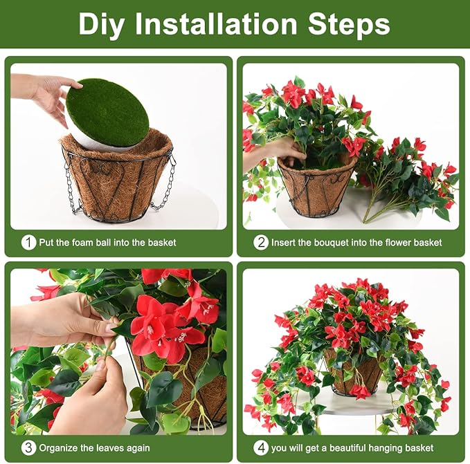Homsunny Artificial Hanging Flowers Plants Basket for Outdoor Decoration,4 PCS Faux Silk Bougainvillea Vine Flowers Look Real UV Resistant for Outside Porch Patio Yard Garden Decor(Red)