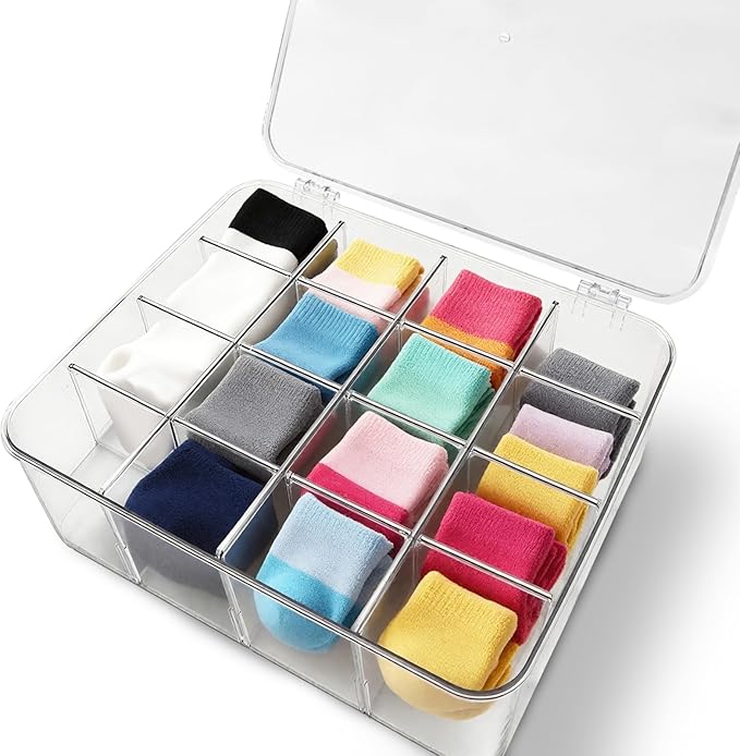 Slomg Sock Underwear Dresser Drawer Organizer with Dividers, Clear 16 Grids Plastic Storage Box Bin with Lid, Small Parts Bead Container for Jewelry Earring Scarves Ties Bras Crafts Fishing Tackle