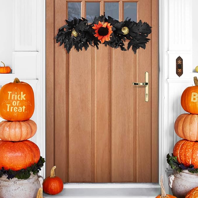 Artificial Flower Swag, Rose Eucalyptus Floral Swag Black Decorative Swag, Decorative Swag with Black Eucalyptus Leaves for Halloween Home Front Door Lintel Wedding Arch Party Tabletop Wall Decor(A3)