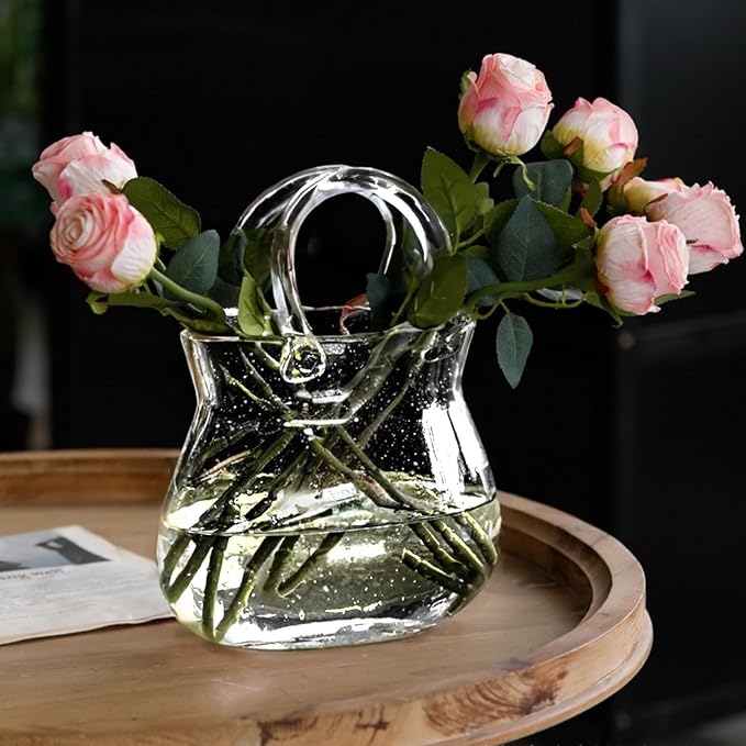 Glass Purse Vase for Flowers, Clear Bag Vase with Handle, Unique Handbag Shape Decorative Fish Bowl for Cute Room Table Shelf Decor, Wedding Centerpiece