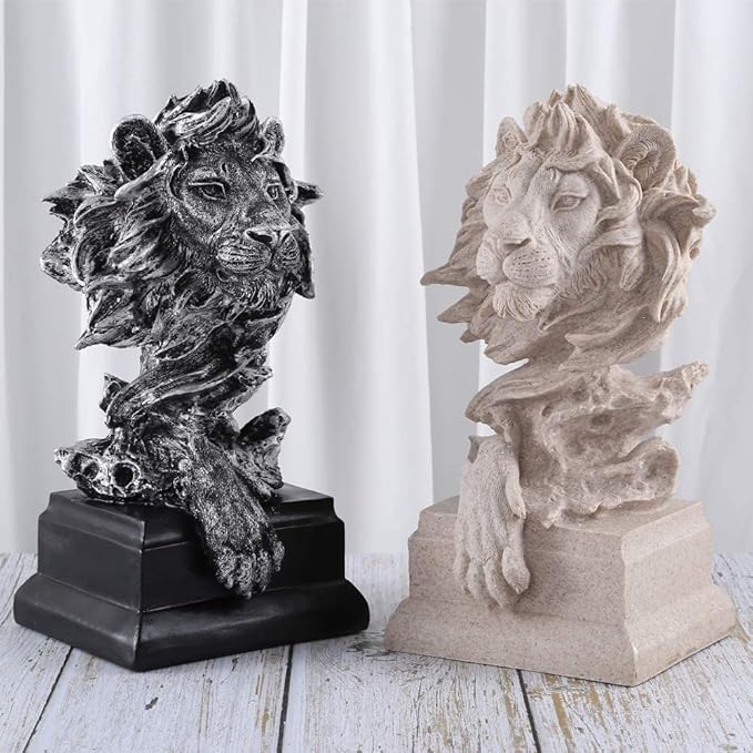 H&W Sandstone Lion Figurines - The King of Beasts - Statue Decoration for Home/Study/Living Room, Great Collectible Figurines, Best Gift for The Man, Silver Color (HH17-D3)