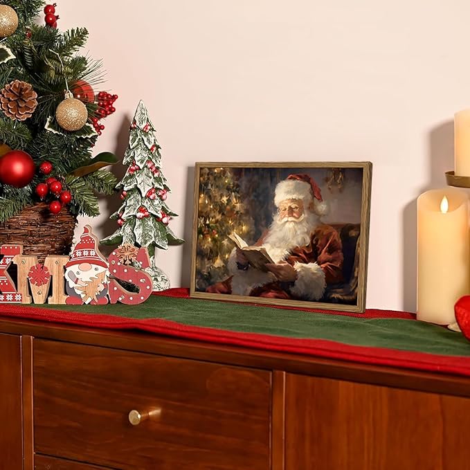 Framed Vintage Christmas Canvas Wall Art, Santa Claus Reading Book Paintings Wall Decor, Rustic Winter Holiday Pictures Prints for Living Room Bedroom Home Decoration 12×16 inch