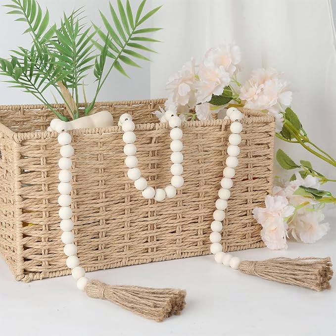 Wood Bead Garland 58 Inch Nature Wooden Beads for Boho Farmhouse Table Home Decor with Tassel, Wooden Prayer Bead, Rustic Country Boho Wall Hanging Decor for Kitchen Modern Living Room Tray Vase Shelf