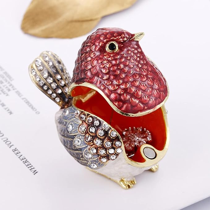 Hand Painted Trinket Box for Home Decor Accents, Enamel Hinged Jewelry Box for Bookshelf Office Table Desk Decoration, Classical Figurine Collectible Keepsake Animal Sculptures (Robin Bird)