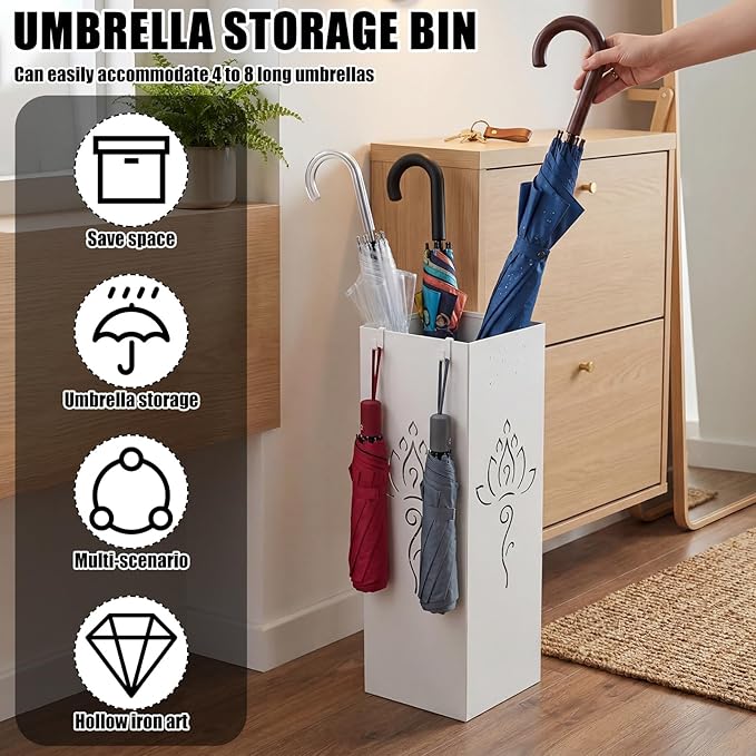 Square Metal Umbrella Holder, Square Free Standing Umbrella Rack Decorative Umbrella Holder Hollow Cutout Pattern Design for Umbrella Cane Entryway Home Office 19.49" X 6.1" X 6.1" (White hollowed out