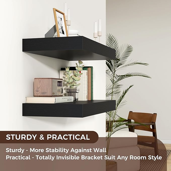 Venusmiles Floating Shelves for Wall, 40" W x 12" D x 2" H, 2 Pack of Long Wall Mounted Engineered Wood Shelves with Invisible Brackets for Living Room, Bedroom, Bathroom, Kitchen Decor, Black