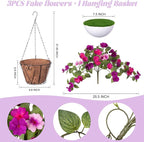 3 Bundles Artificial Fake Flowers for Outdoors with Hanging Baskets Faux Hanging Flowers Plants for Outdoor Planters UV Resistant Silk Flowers for Outside Spring Home Front Porch Garden Décor
