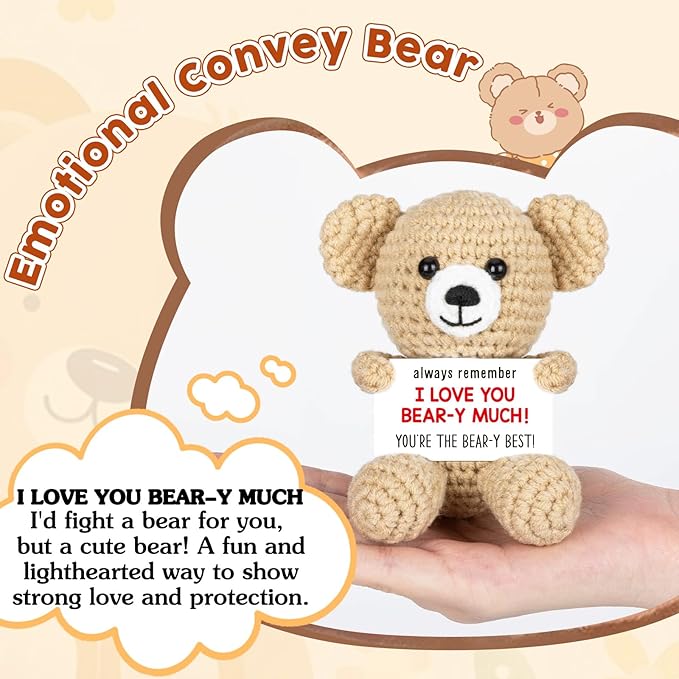 WELLBANEE Mini Crochet Bear Gifts for Her Him, Wife Husband Girlfriend Boyfriend I Love You Gift, Crochet Stuffed Animal, Anniversary Birthday Gifts, Handmade Bear Small Stuff Things